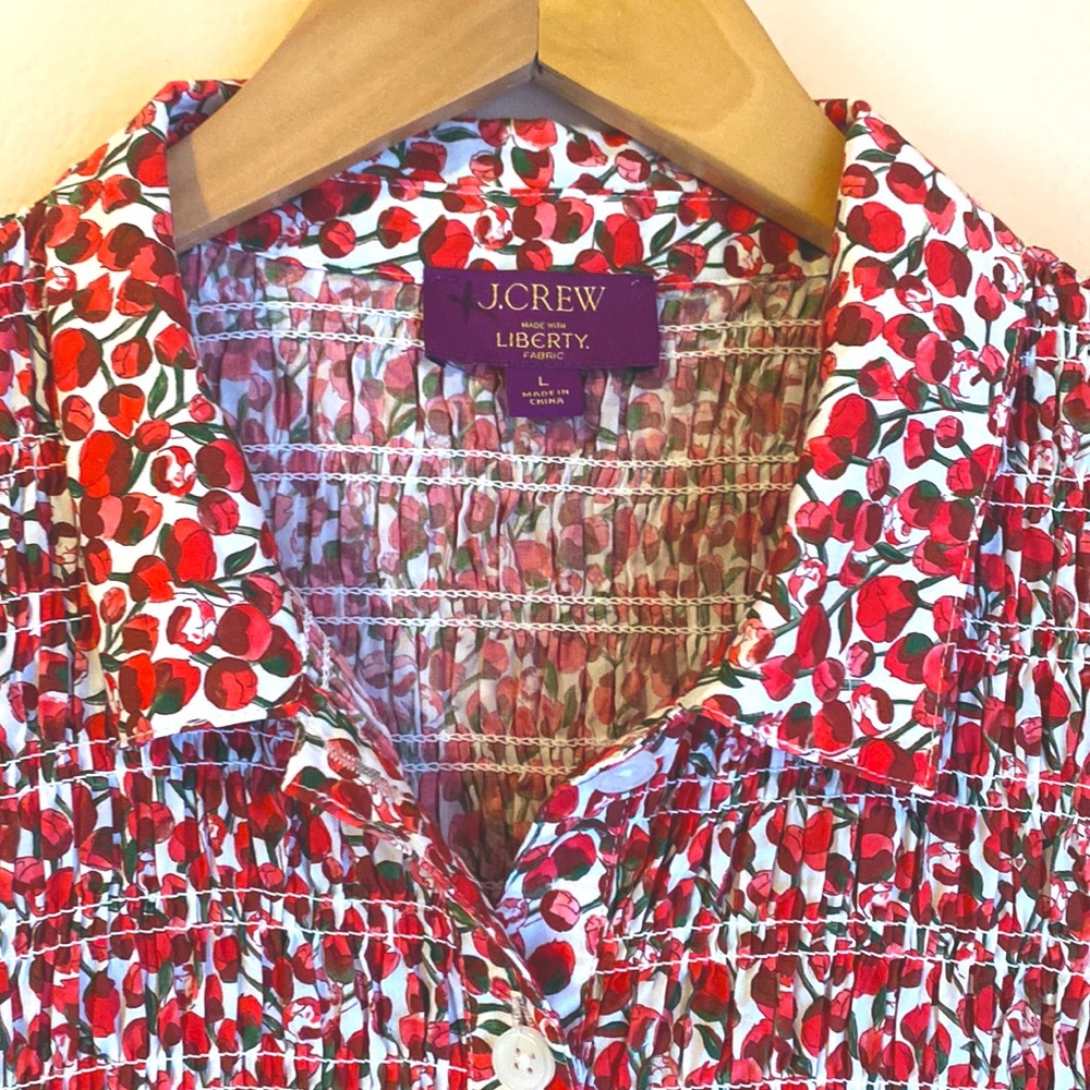 J Crew Smocked Button-up Shirt in Liberty Eliza's Red Fabric Large runs small - Picture 6 of 12